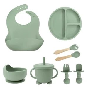 Kids Silicone Dinnerware Set – 8 Pieces with Suction Cup Plate, Bib, Bowl, Spoon & Fork
