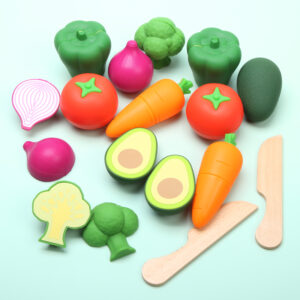 Preschool Wooden Kitchen Food Toys – Silicone Fruit & Veggie Cutting Play Set for Kids