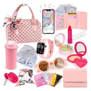 Little Girls Play Purse Princess Gifts Play Purse Set Cell Phone/Makeup/Keys Credit Card/Water Bottle/Sunglasses for Ages 3+