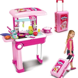 Pretend Play Kitchen Toy for Girls 4-8, 2-in-1 Travel Luggage Turn Into Play Kitchen with Real Lights and Sounds