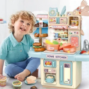 Mini Children Kitchen Toys Set Simulated Tableware Kitchen Counter Play Set with Lights Spray DIY Pretend Play Role Toys