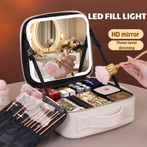 Travel LED Cosmetic Case With Light and Mirror Makeup Bag Large Capacity Premium Portable Cosmetic Bag Detachable Partition Bag