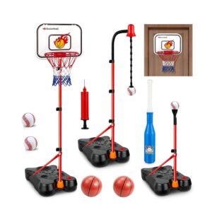 4 in 1 Kids Basketball Hoop Hanging Tee Baseball Set Adjustable Height Basketball Stand for Outdoor Indoor Pool Sport Game Toy