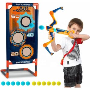 Kids Air Powered Bow and Air Blasters Arrow Set with Standing Target Safe Foam Ball Archery Shooting Game for Indoor Outdoor