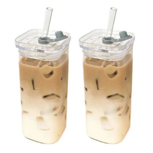 400ML Creative Simple Square Glass Lid Straw Heat-Resistant Highball Glass Bar Supplies