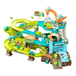 Toddler Dinosaur Car Race Track Toy – DIY Assembly Ramp Tracks, Kids Rail Construction Play Set with Hill Climb Challenge Adventure Game
