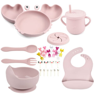 6PCS/Set Baby Silicone Sucker Drinkware Dishes Plate Tableware Kids Bowl Spoon Fork Bib Feeding Set For Kids