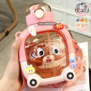 1000ML Large Capacity Magic Bear Kids Plastic Water Bottle with Cartoon Bouncing Lid and Double Straws