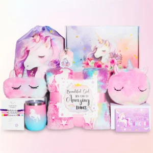Super Soft Plush Colorful Unicorn Christmas Gift Set for Kids – PP Cotton Blanket, Eye Mask, Stuffed Animal Doll Included