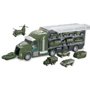 Military Slide Carrier Truck Toy — Inertia / Lights / Sound, Comes with 6 Die-Cast Mini Vehicles