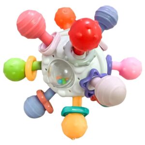 Baby Sensory Toy 0-12 Months – Rotating Rattle Ball, Grasping Activity Ball, Silicone Teether – Promotes Development