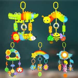 0-12M Baby Sensory Toy – Rainbow Activity Plush Animal Hanging Toy for Stroller/Car Seat/Crib, Portable for Travel.