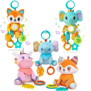 Soft Hanging Sensory Toy – Crinkle & Squeaky, for Stroller/Car Seat/Crib, Travel Plush Animal Wind Chime with Teether