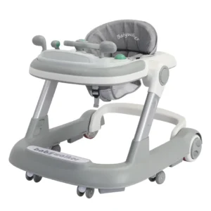 Foldable baby activity walker with removable feeding tray + music tray (batteries not included), suitable for babies 6 months & up.
