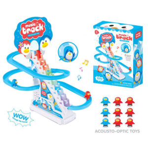 Educational Electric Small Penguin Race Climbing Stairs Auto Slide Slot Track Railway Roller Coaster Toy for Kid