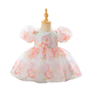 Sweet 1st Birthday Gown for Baby Girl – Floral Print Princess Dress with Tulle Mesh Tutu Skirt