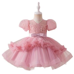 Pink Girls' Elegant Floral Satin Formal Party Dress For Kids